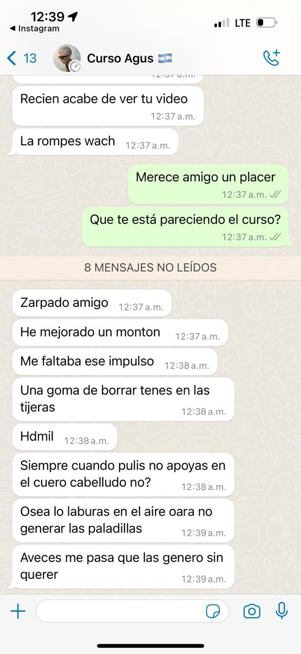 Testimonio real por WhatsApp de Agus Martín, alumno de Fade Masters