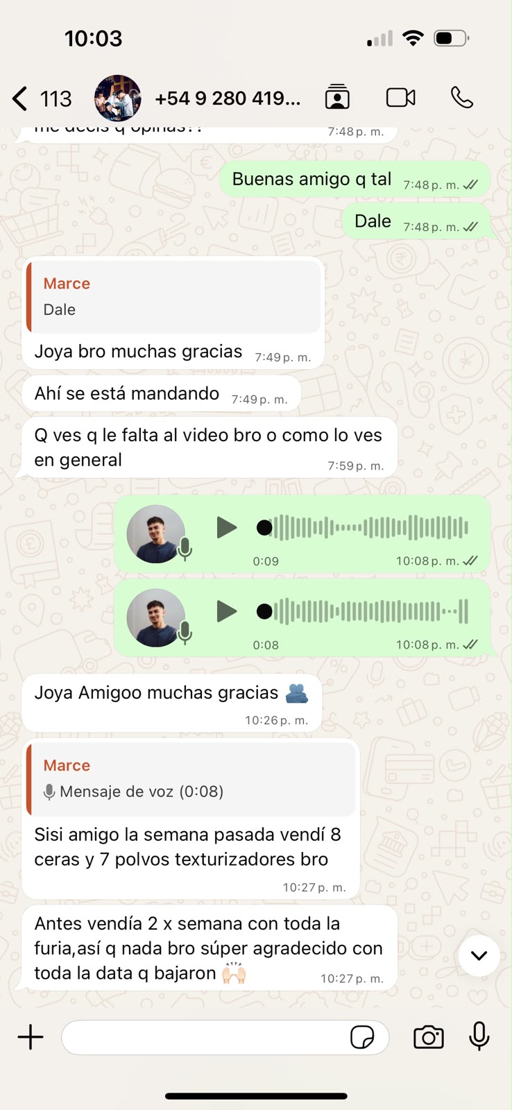 Chat real de WhatsApp: un alumno le cuenta a Marce que pasó de vender 2 productos por semana a 8 ceras y 7 polvos texturizadores en una semana